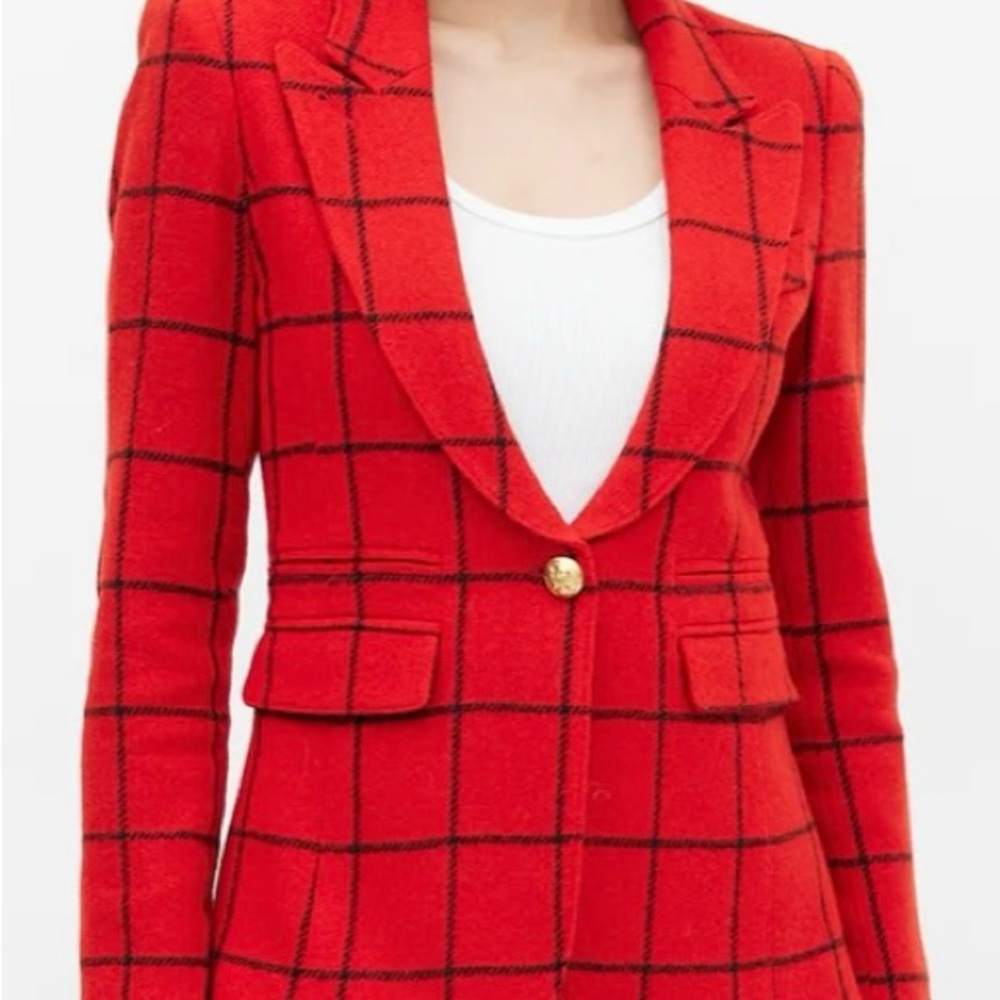 SMYTHE  Peaked Lapel Blazer in Red Grid & Black Leather and wool  in Size 10.